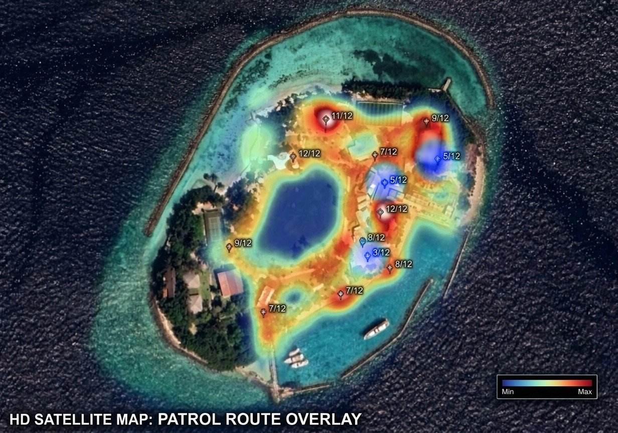 Heat map of patrol coverage on a made-up island: each checkpoint shows how many of its 12 rounds were punched